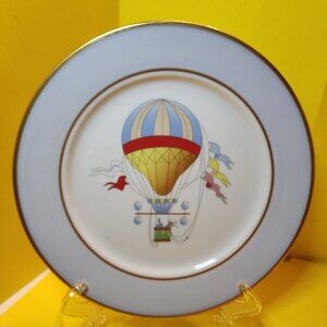 New Email de Limoges Plate Hot Air Balloon White Blue Gold Edge 7.35” - unused